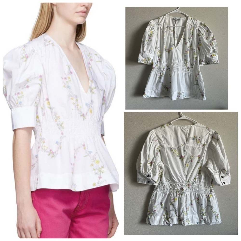 GANNI printed poplin puff sleeve V neck women’s blouse